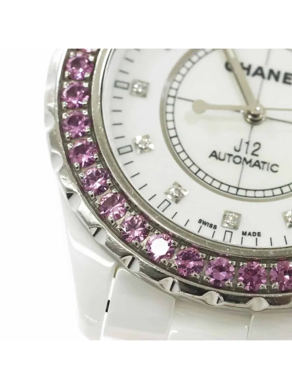 Chanel 42 Watch Date Diamond Pink Saffiano Bezel White Ceramic Automatic Winding
